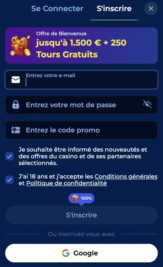 Création d'un nouveau compte Billionaire Spin