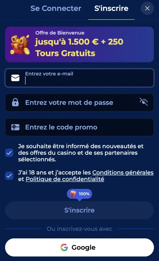 Création d'un nouveau compte Billionaire Spin